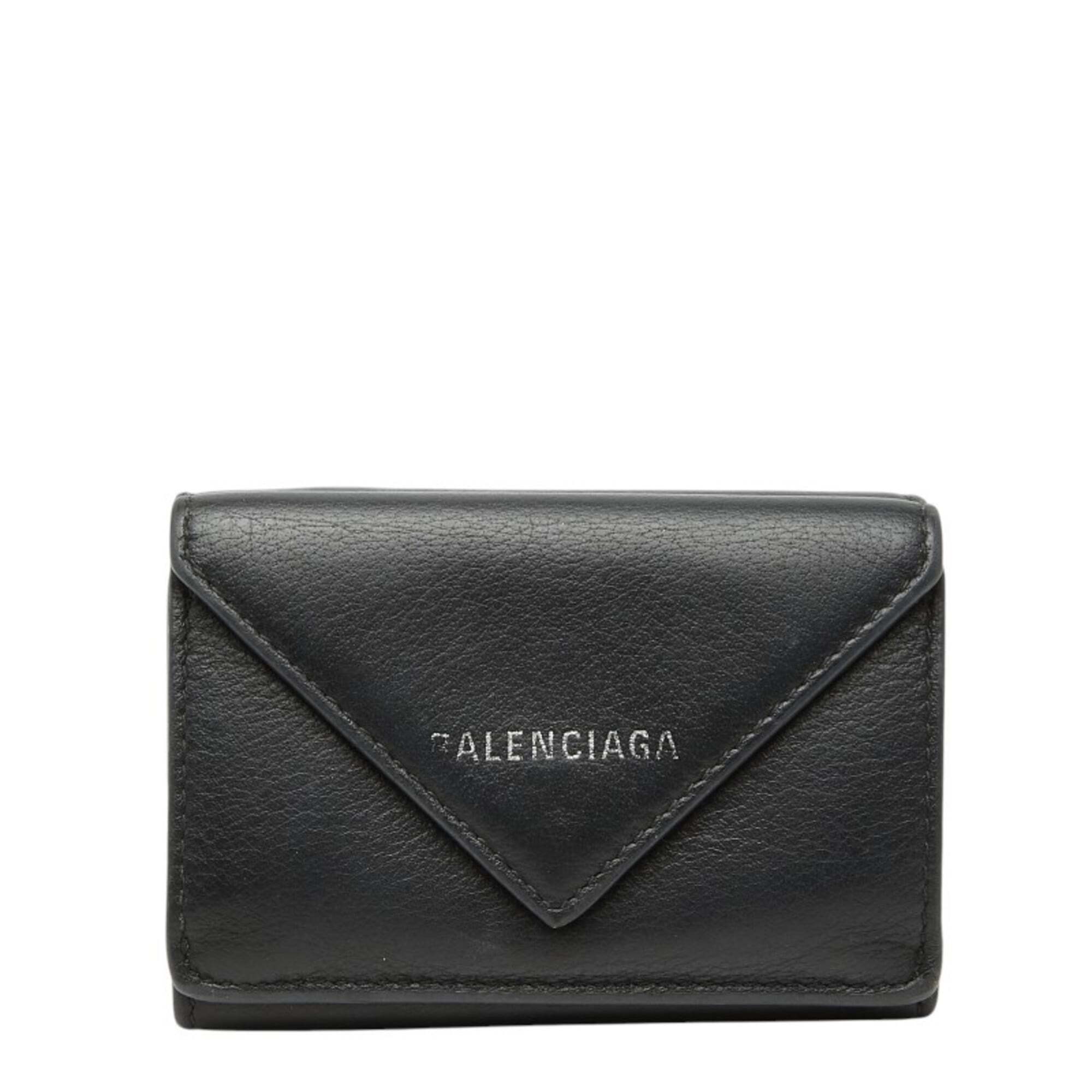Balenciaga Paper Mini Wallet, Tri-Fold Compact, 391446, Black Leather, Women'...